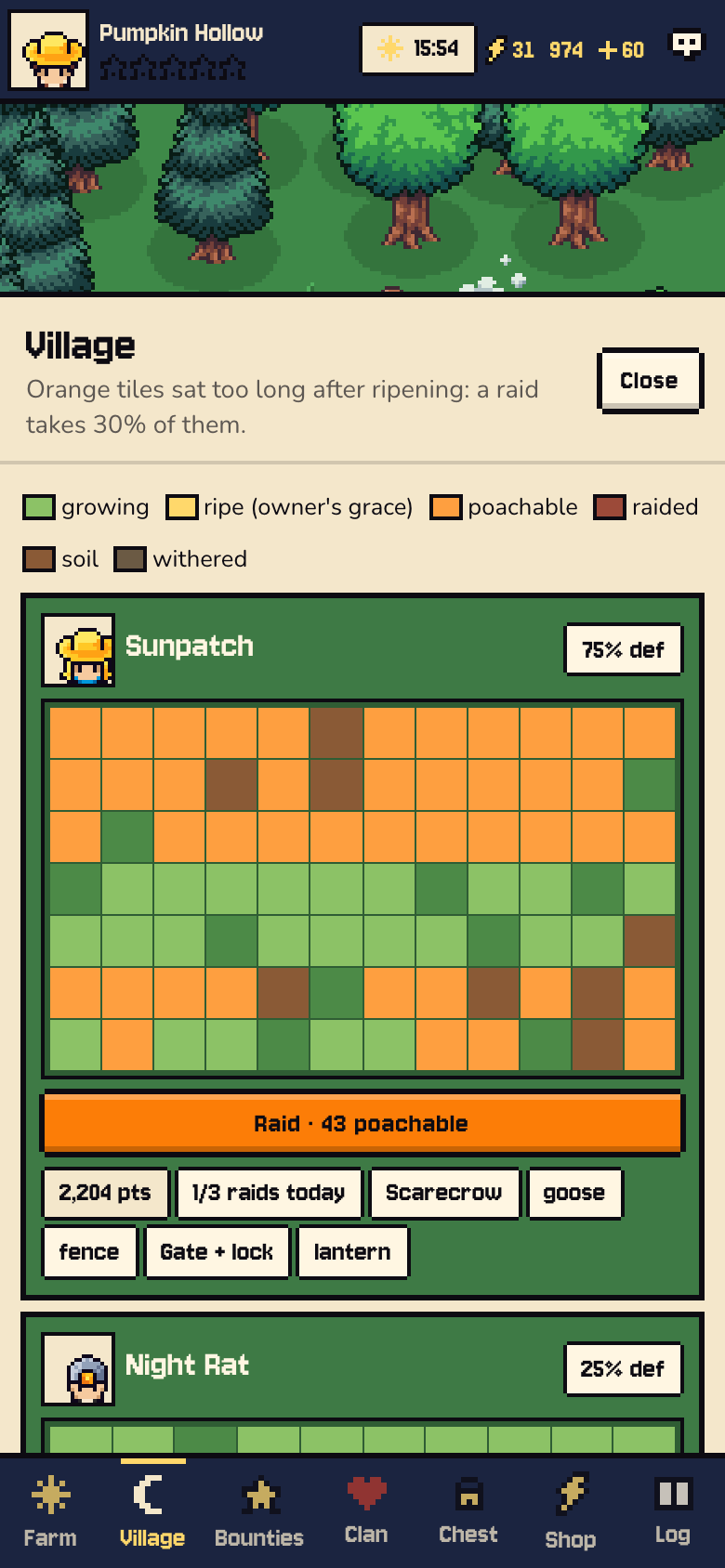 The village on a phone in the Season 0 build: each neighbor's field drawn tile by tile, growing, ripe and poachable, with its defence rating and a raid button